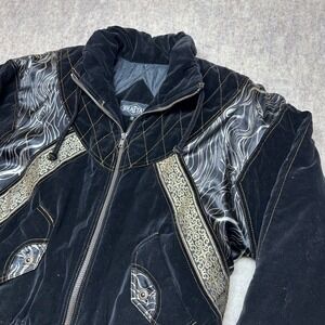 Vintage Braetan Black Velvet Quilted Jacket Metallic Swirl Trim Coat Size M